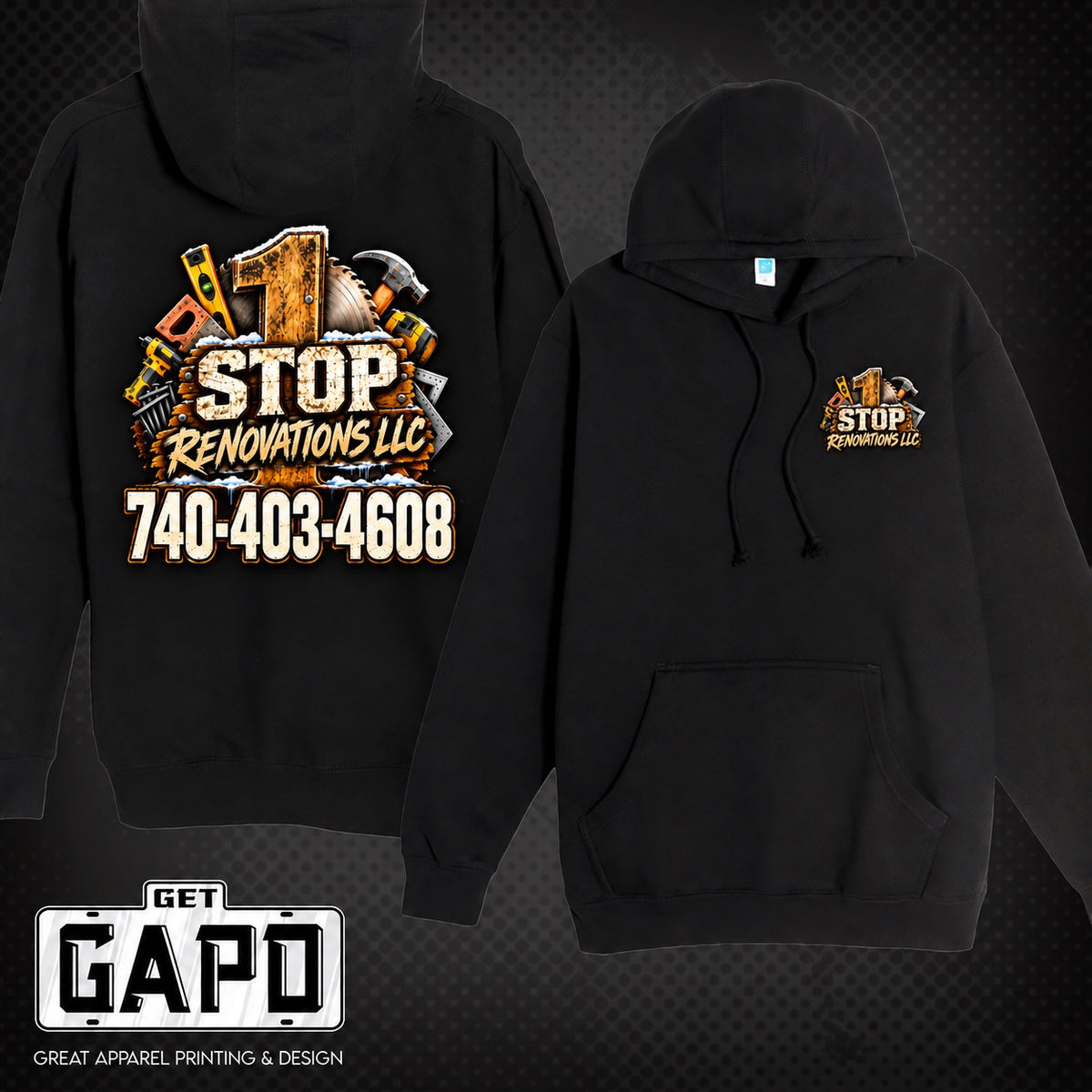 1 Stop Renovations LLC black hoodie front and back