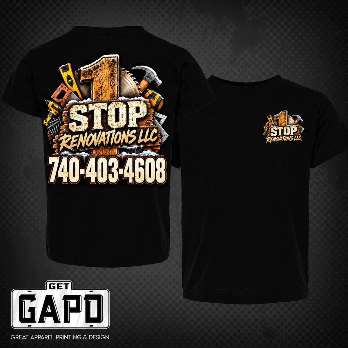 1 Stop Renovations LLC black shirt front and back