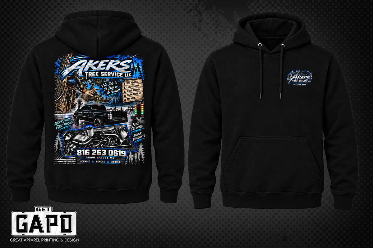 tree black Lane Seven hoodie, separate front and back views