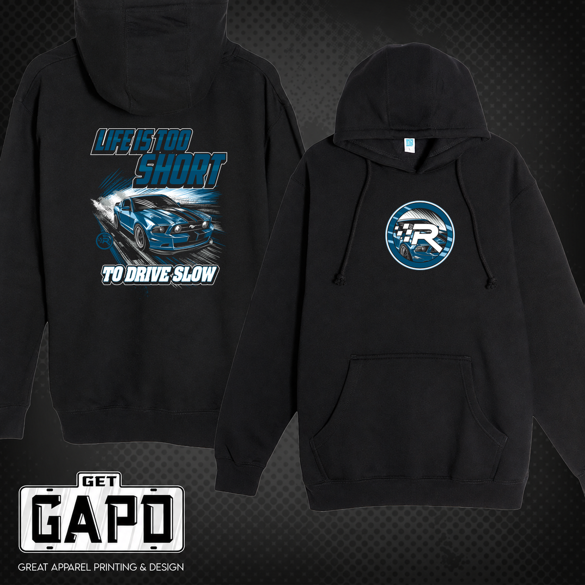 Racer Outlet Test front and back black hoodie mockup