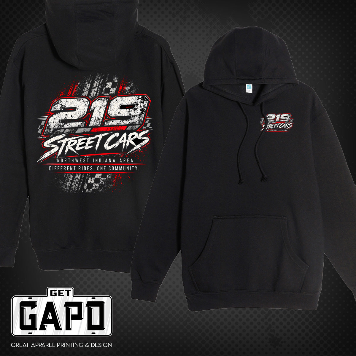 219 Street Cars black hoodie front and back mockup