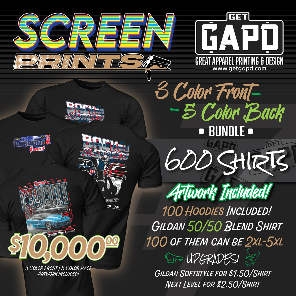 Screen Print 3 color front 5 color back 600 shirt Bundle with Art