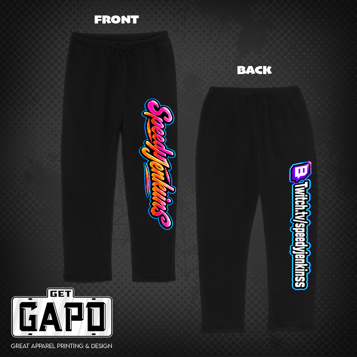 Speedy Jenkins black sweatpants front and back