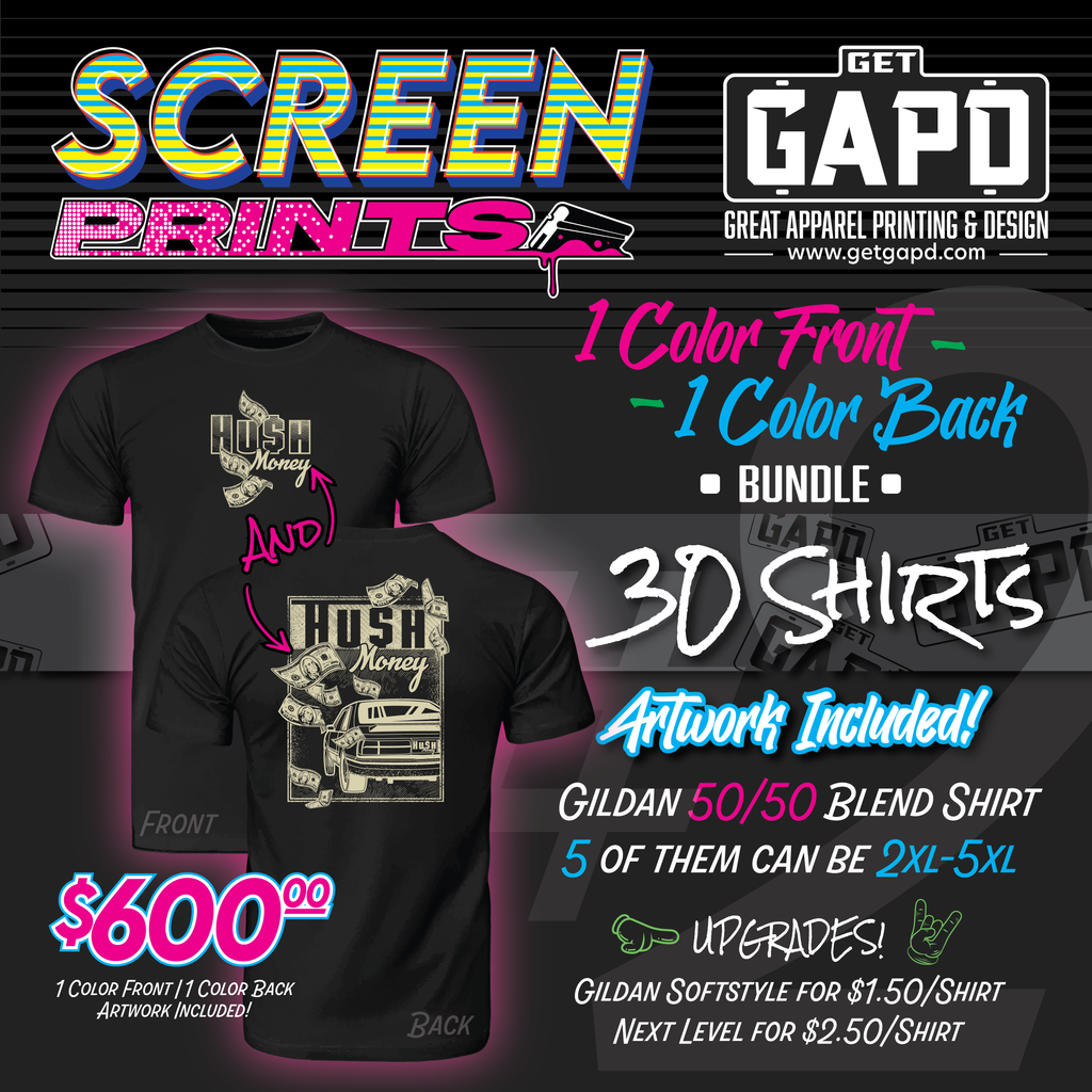 Screen Print 1 color 2 side 30 shirt Bundle with Art