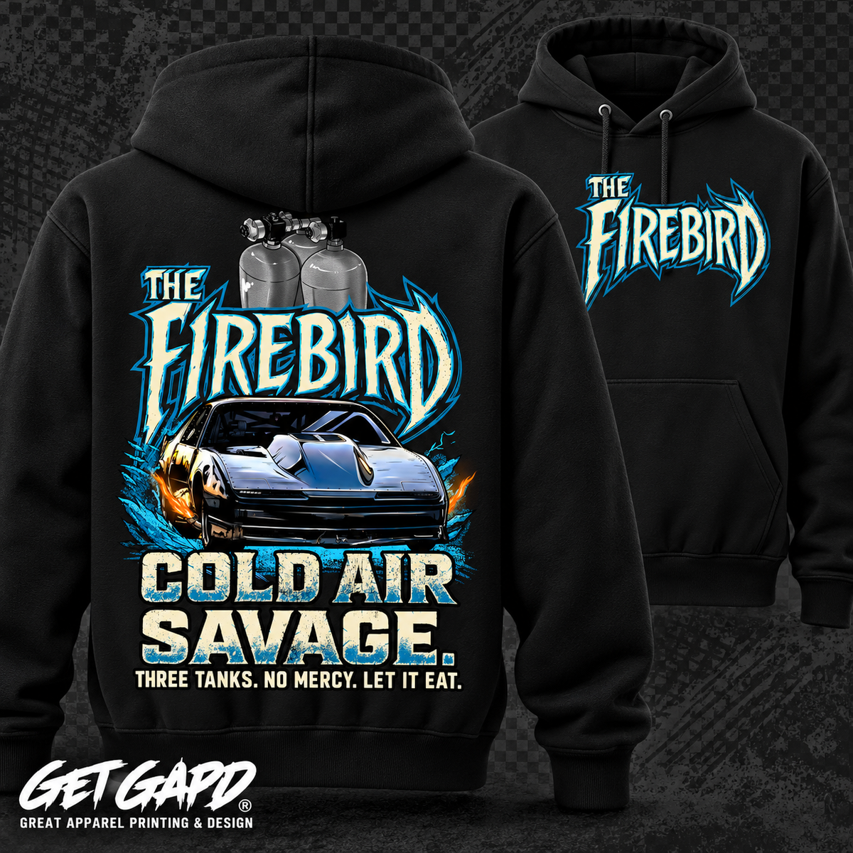 Cold Air Savage corrected three tank Lane Seven hoodie front and back mockup