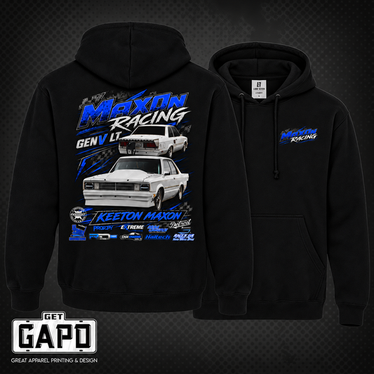 Maxon Racing corrected hoodie mockup, back view in front, plain front sleeves