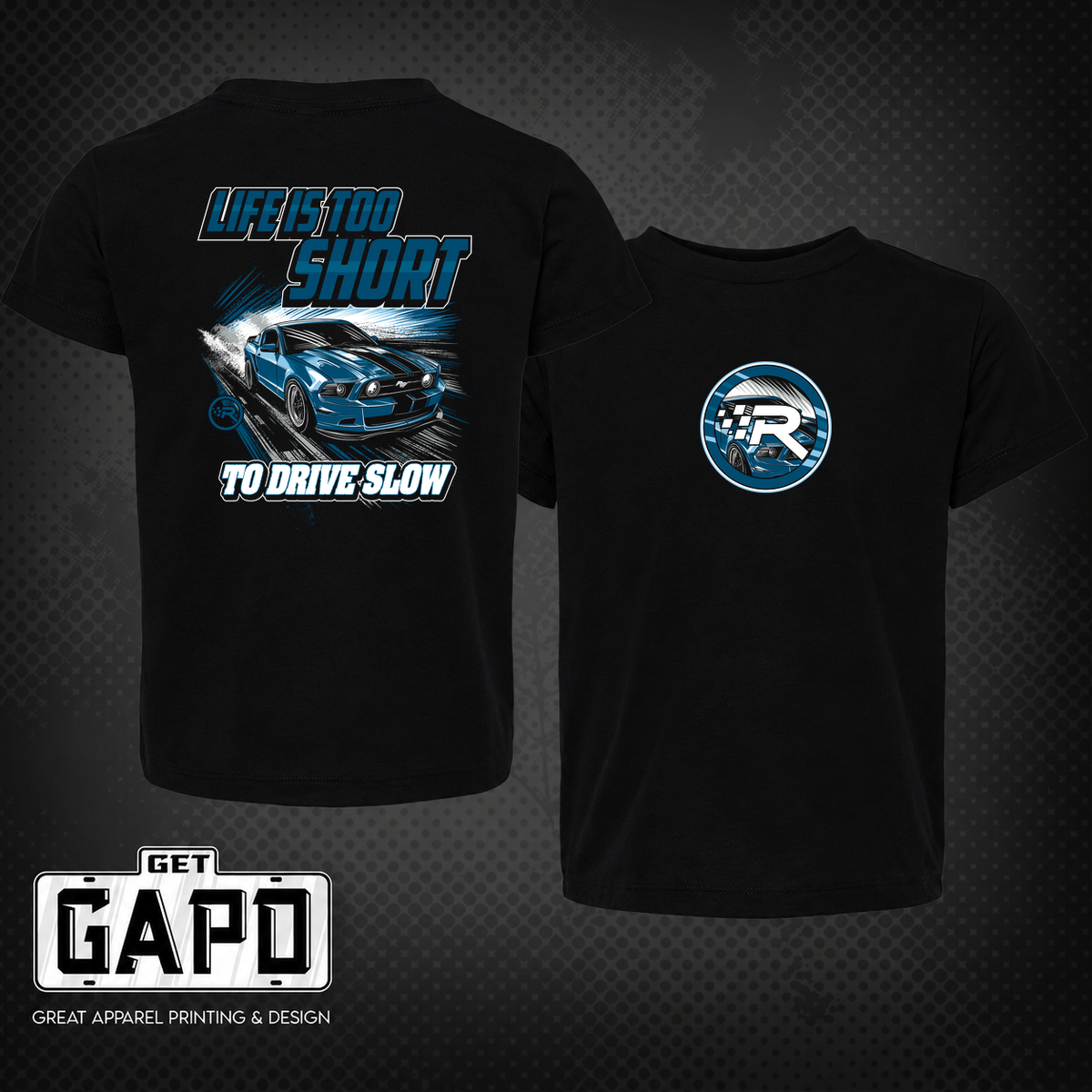 Racer Outlet Test front and back black shirt mockup